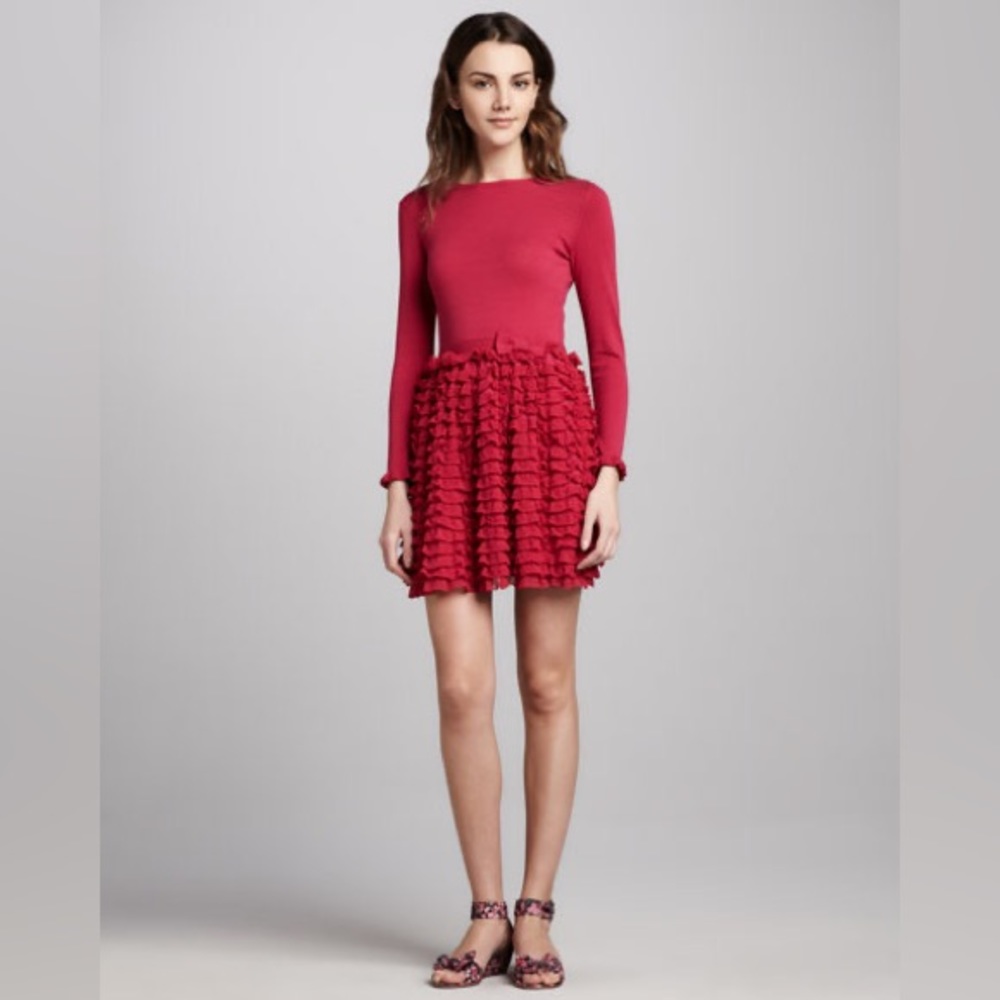 RED Valentino Long-Sleeve Ruffle-Skirt Dress, Fuchsia